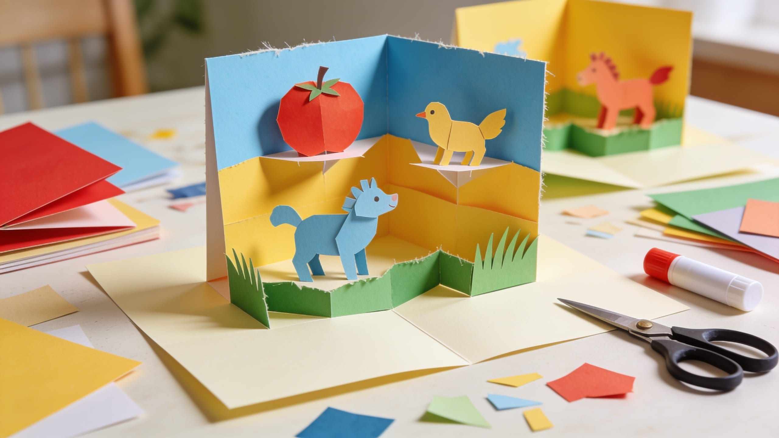 Paper pop-up cards with animals on a table, with scissors and a glue stick
