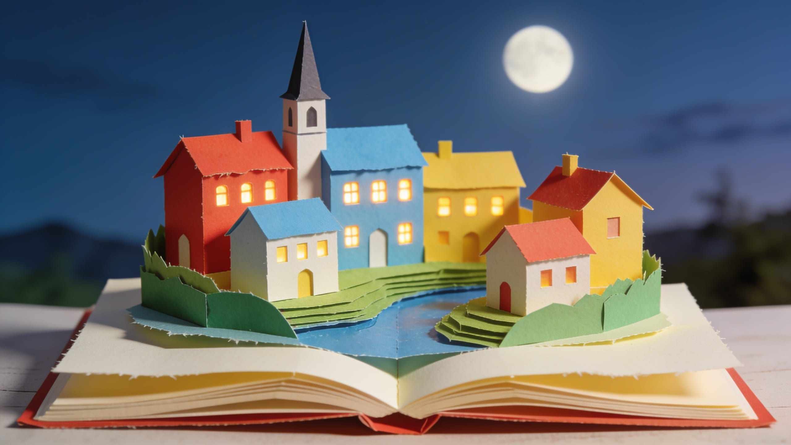 An open pop-up book with a paper town rising from its pages at dusk, lit windows, a church spire, a river and the moon