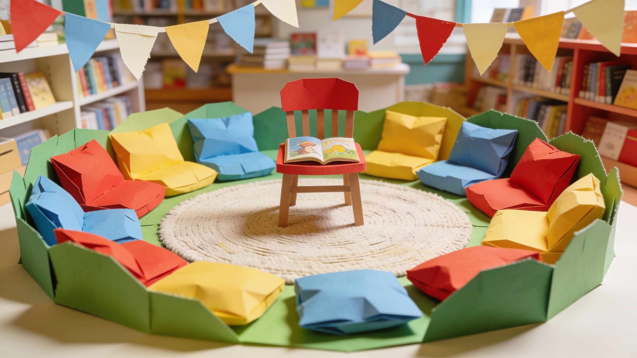 A paper-craft story circle of colourful cushions around a small red chair with an open picture book