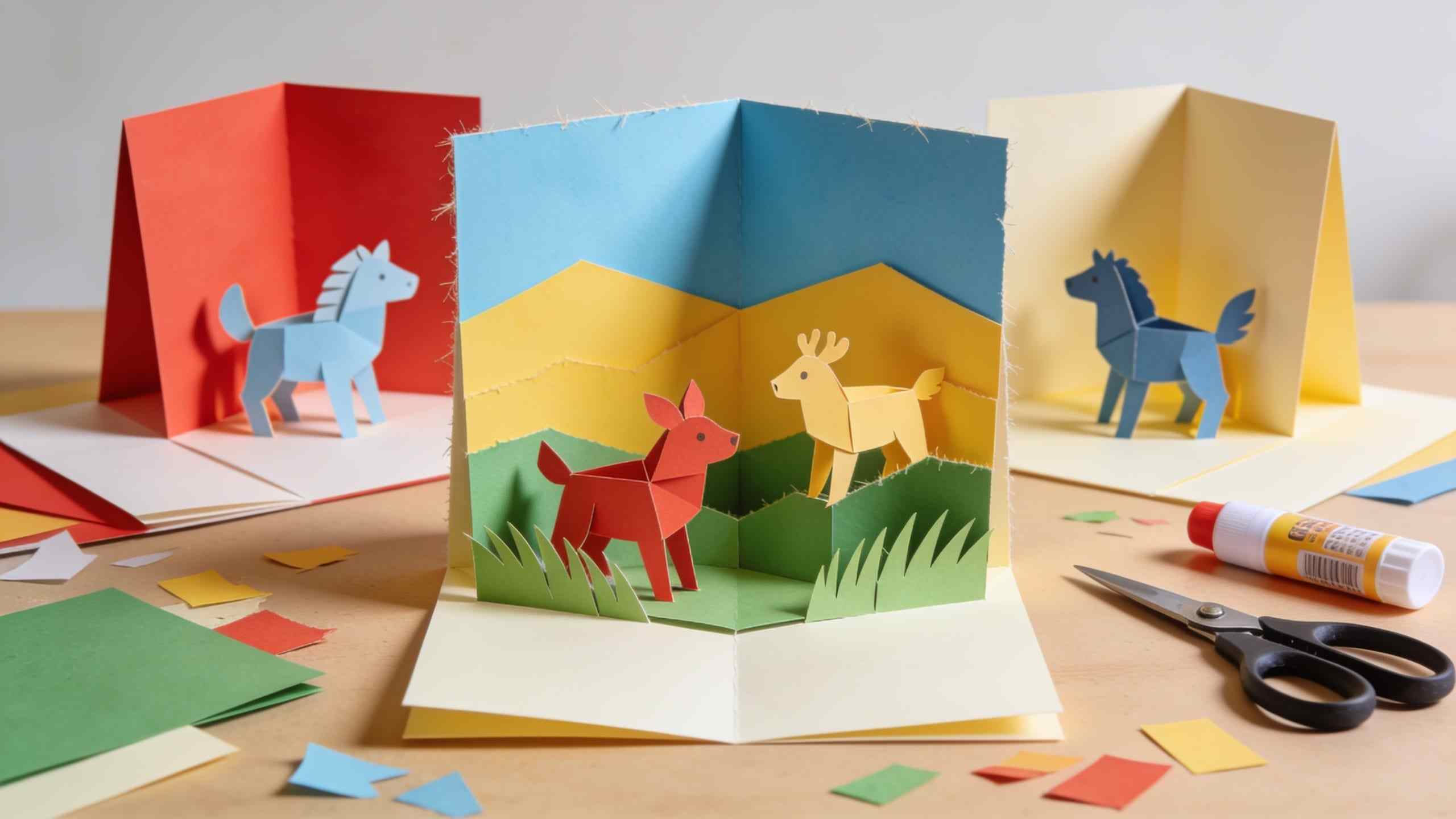 Paper pop-up cards with small paper animals on a table, with scissors, a glue stick and coloured paper scraps