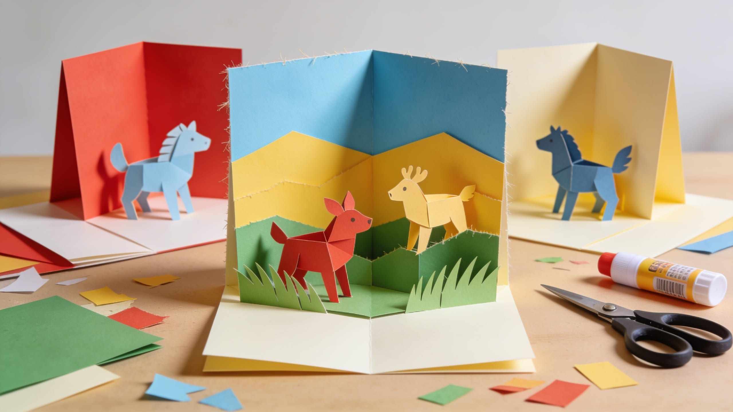Paper pop-up cards with small paper animals on a table, with scissors, a glue stick and coloured paper scraps