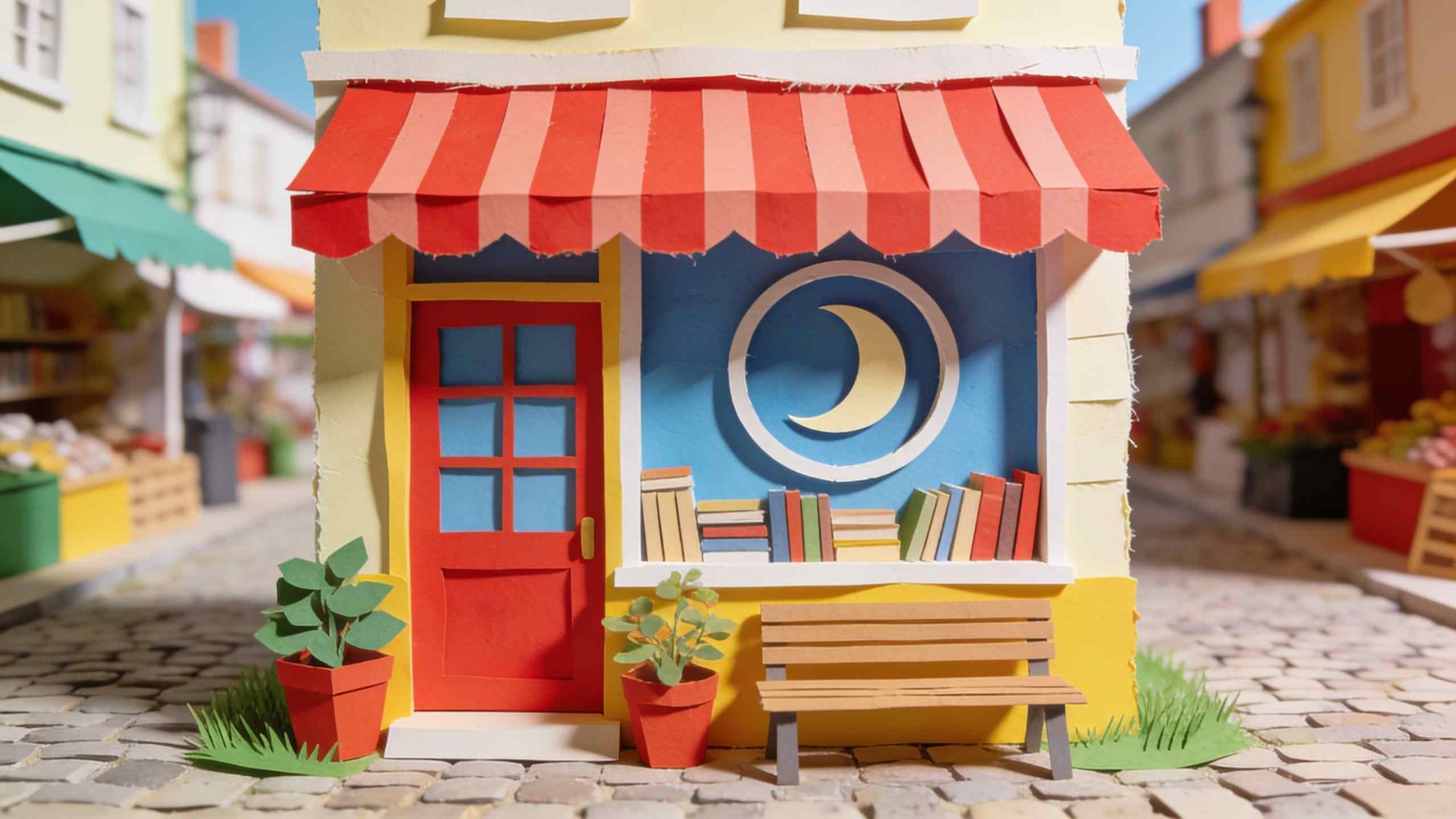 A paper-craft bookshop front with a striped red awning, a round window with a crescent moon, plants and a bench on a cobbled street