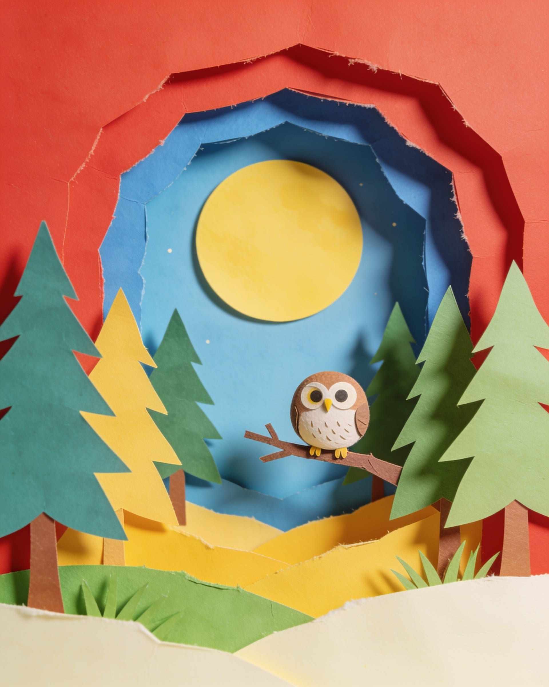 Paper-craft cover art of a small round owl on a branch in a forest of paper trees under a big yellow moon