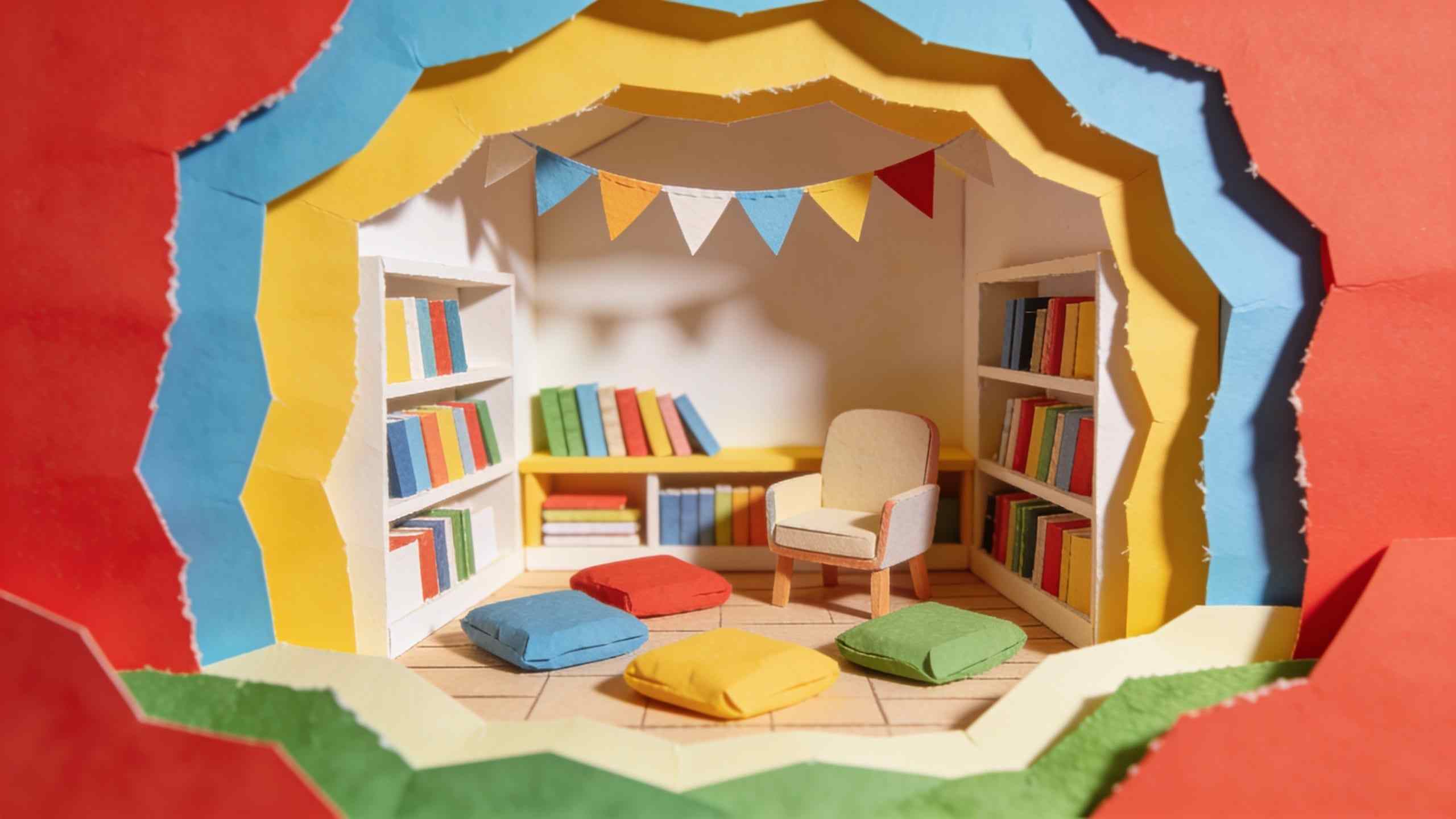 A paper-craft reading corner with cushions on the floor, a small armchair and shelves of colourful books under bunting