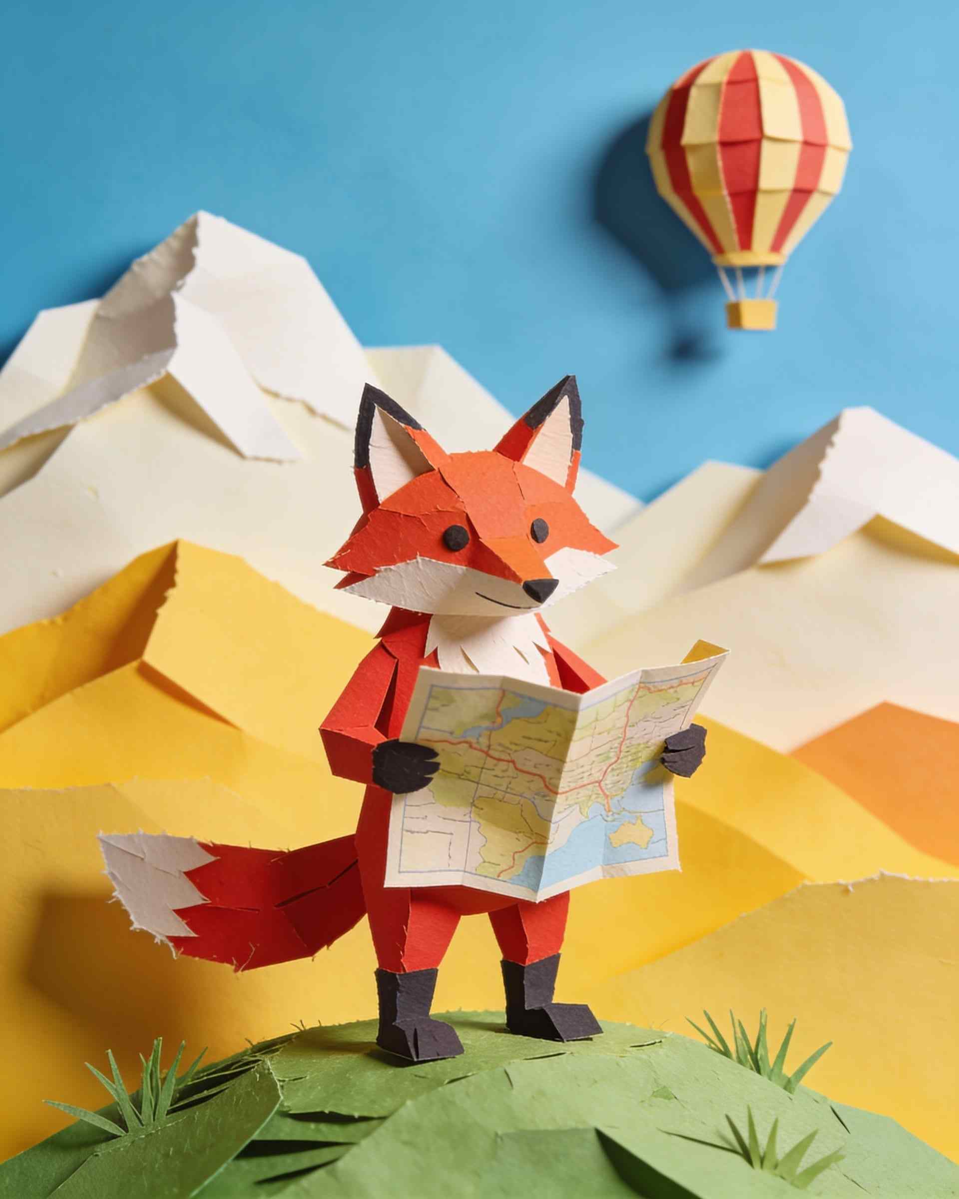 Paper-craft cover art of a fox holding an unfolded map on a hill, layered paper mountains and a striped hot-air balloon