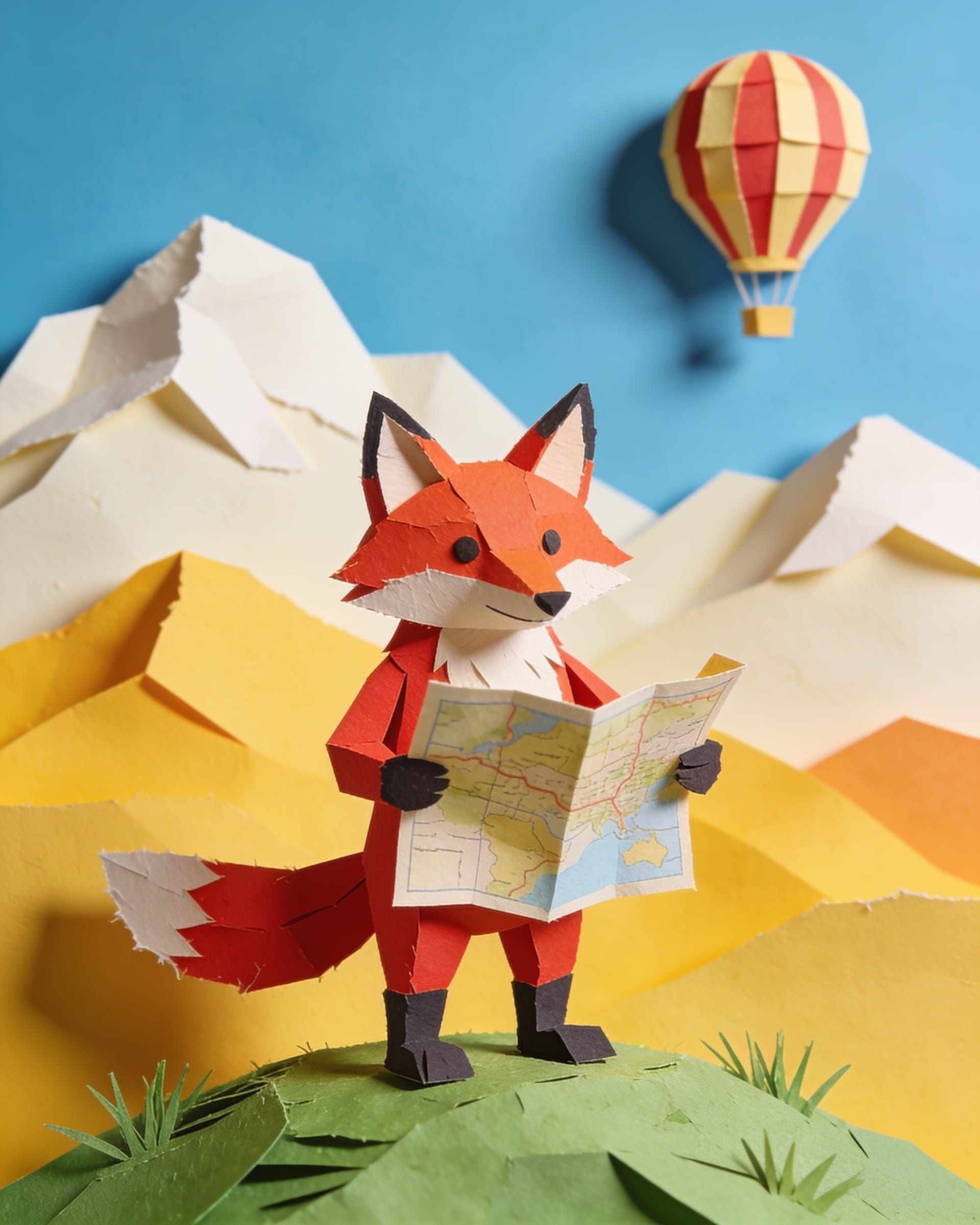 Paper-craft cover art of a fox holding an unfolded map on a hill, layered paper mountains and a striped hot-air balloon