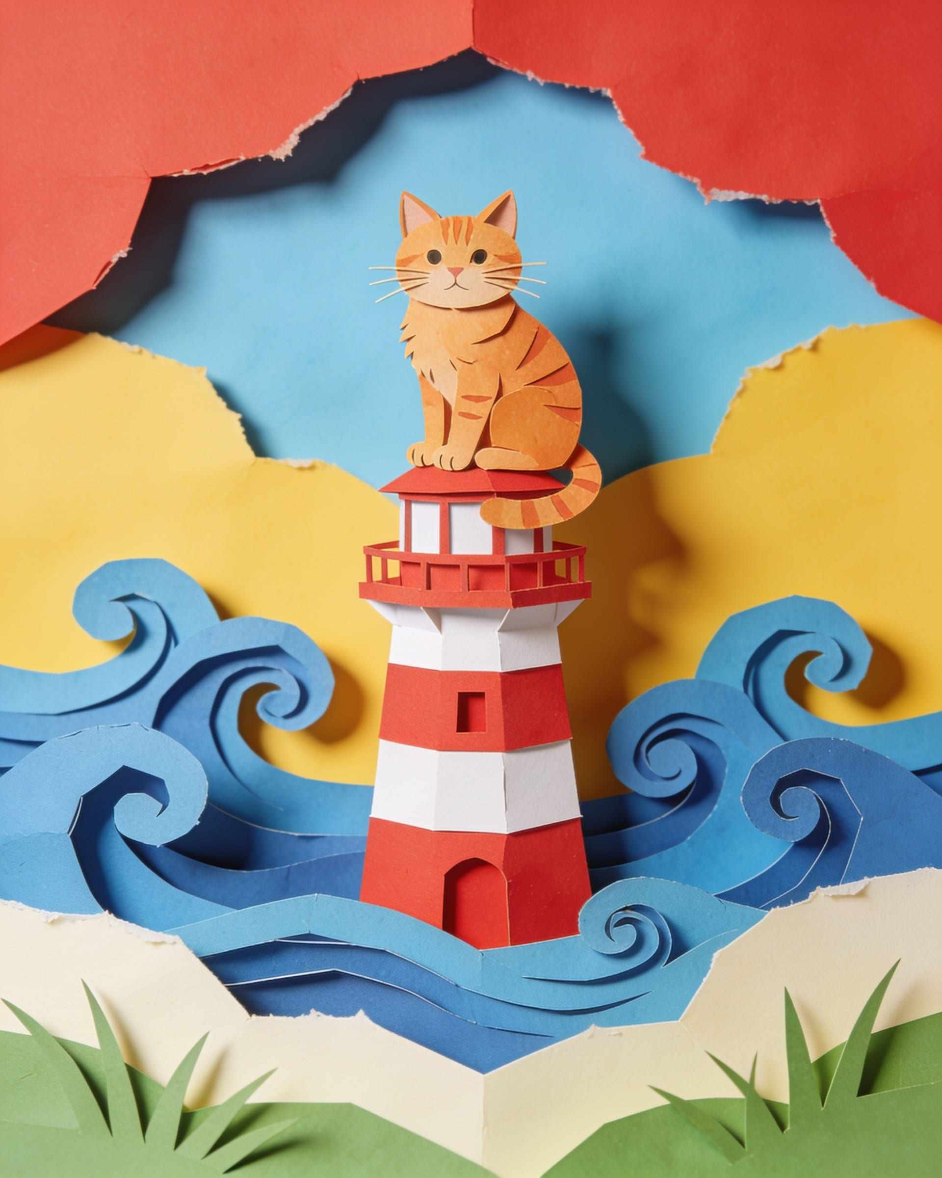 Paper-craft cover art of a ginger cat on top of a red and white striped lighthouse above curling blue paper waves