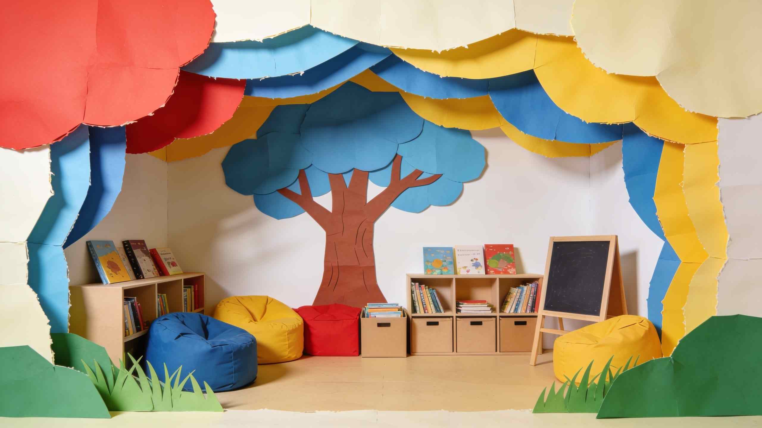 A paper-craft reading corner with a paper tree, low bookshelves, beanbags and a small chalkboard