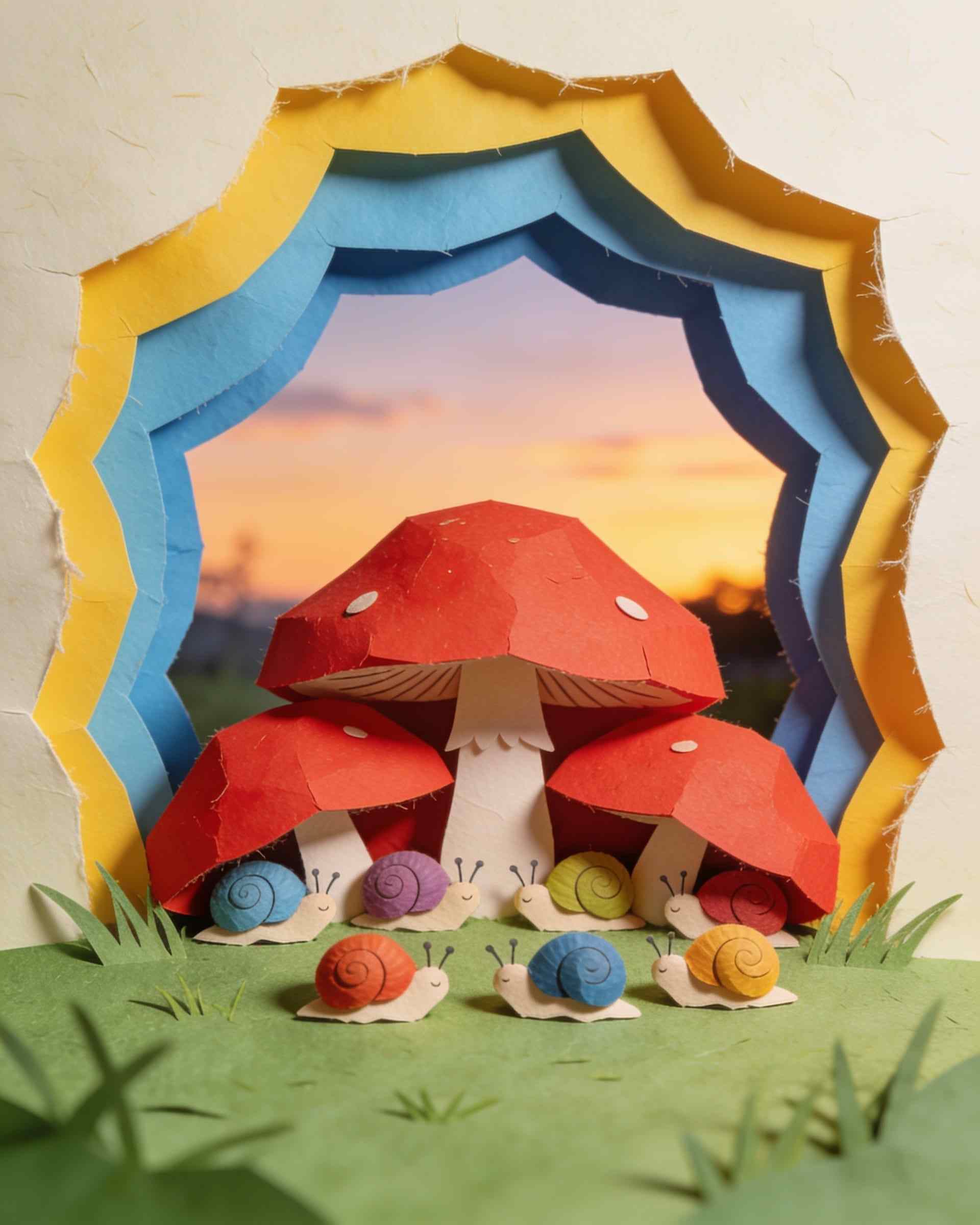 Paper-craft cover art of small snails with coloured shells going to sleep under big red mushrooms at sunset