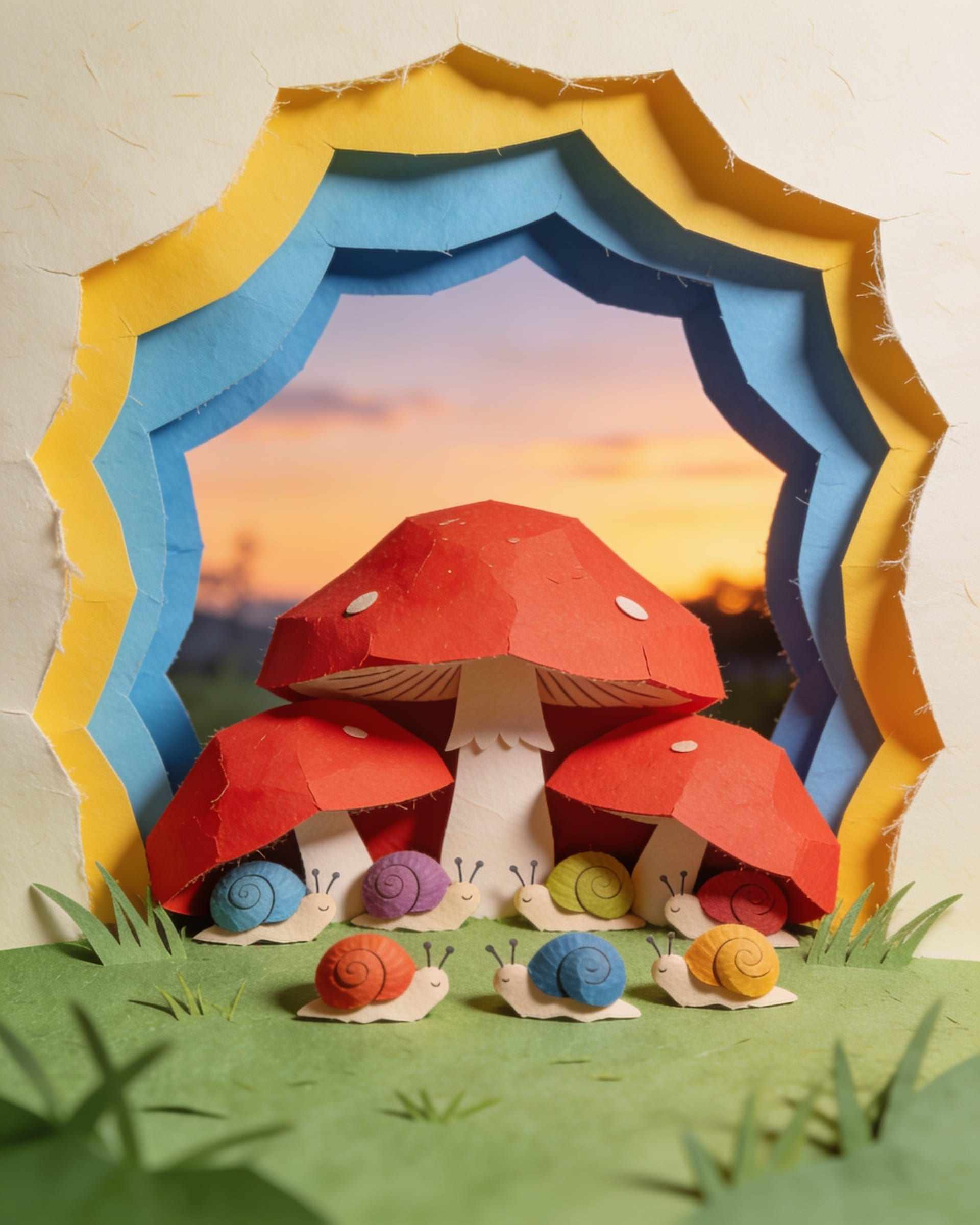 Paper-craft cover art of small snails with coloured shells going to sleep under big red mushrooms at sunset