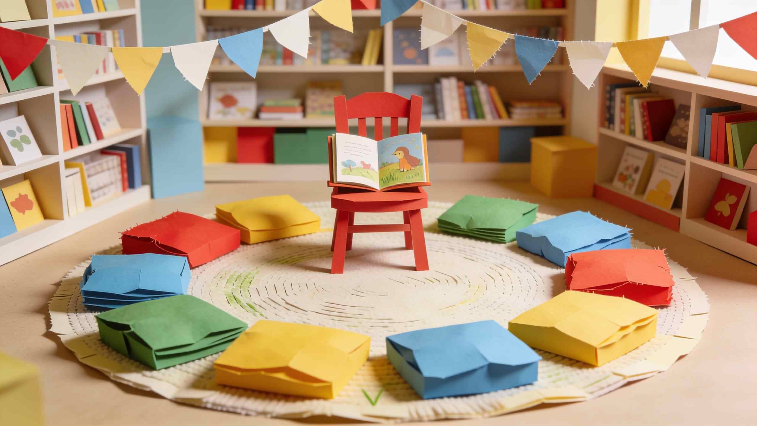 A paper-craft story time circle with cushions on a round rug, a small red chair with a picture book, bookshelves and bunting