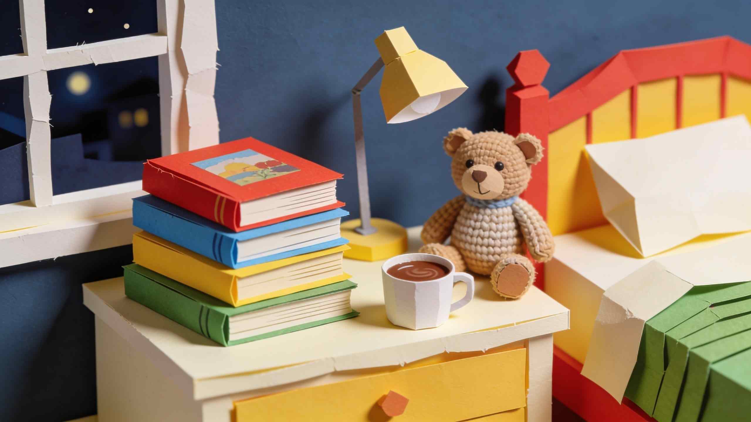 A paper-craft bedside table with a stack of picture books, a small lamp, a knitted teddy and a cup of cocoa at night