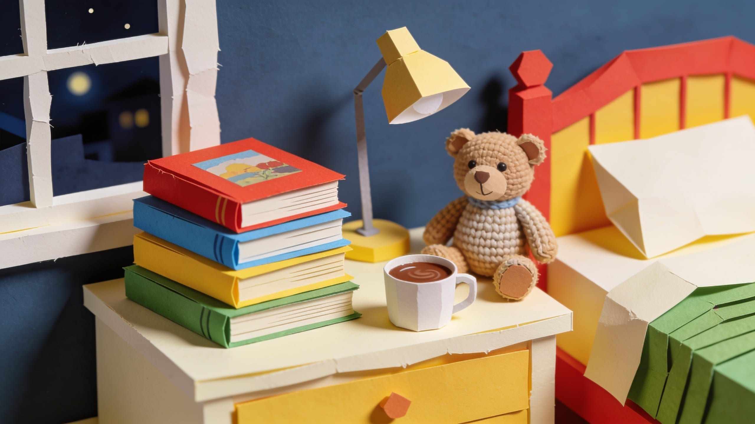A paper-craft bedside table with a stack of picture books, a small lamp, a knitted teddy and a cup of cocoa at night