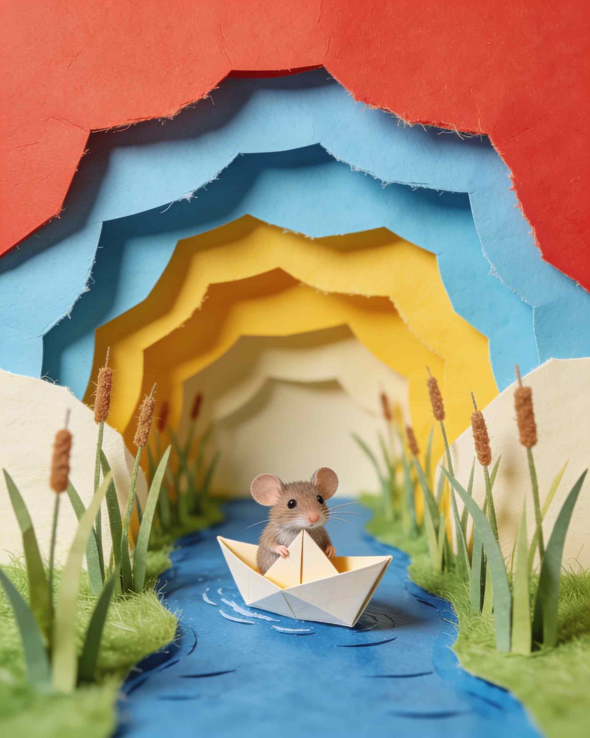 Paper-craft cover art of a little mouse sailing a folded paper boat down a blue stream between reeds and grasses