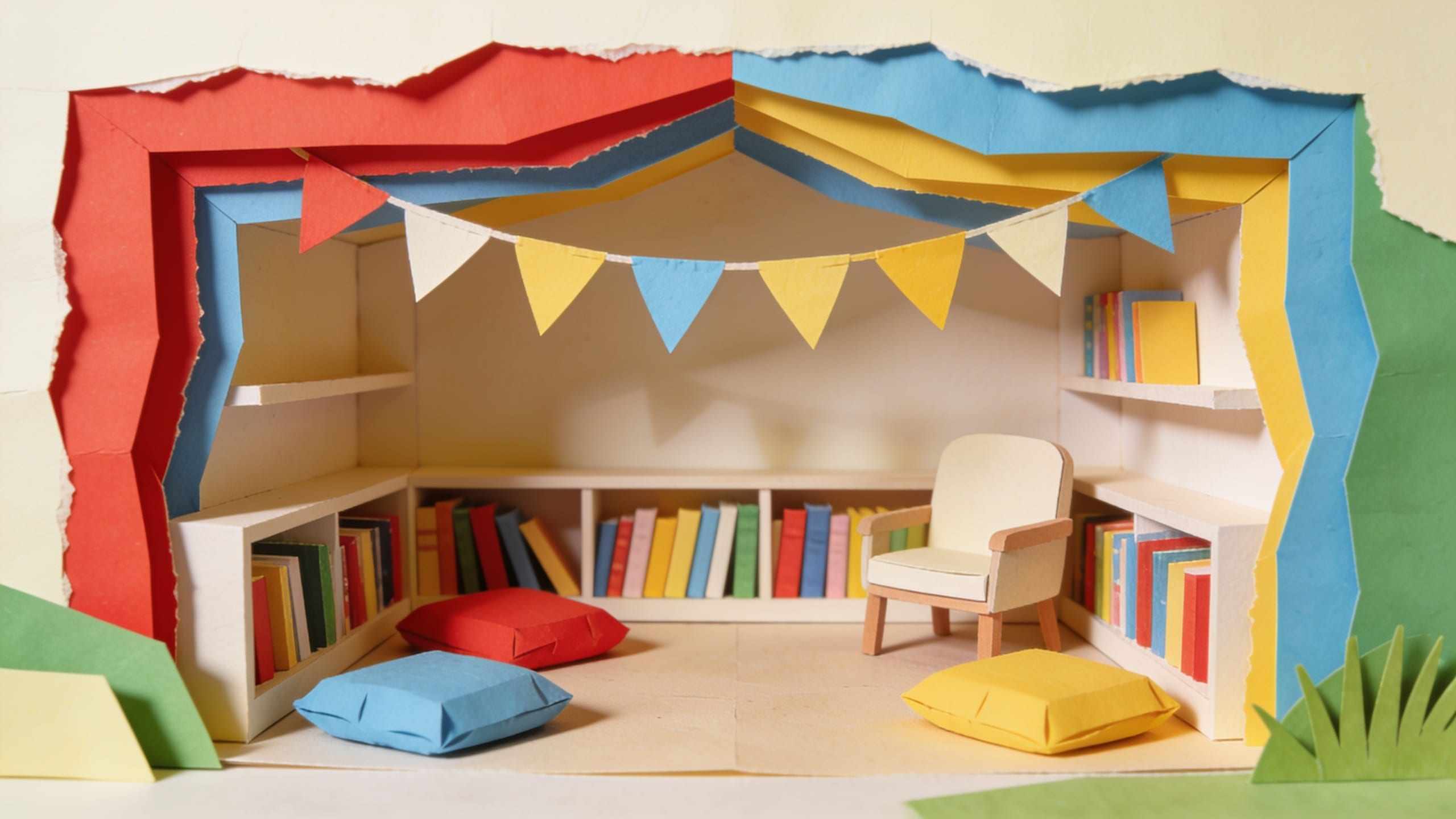 A paper-craft reading corner with cushions, an armchair and shelves of colourful books under bunting