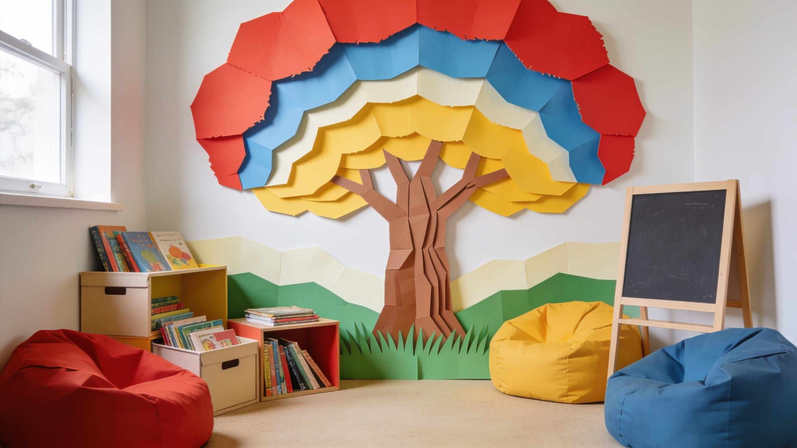 A paper-craft classroom reading nook with a paper tree on the wall, book boxes and beanbags