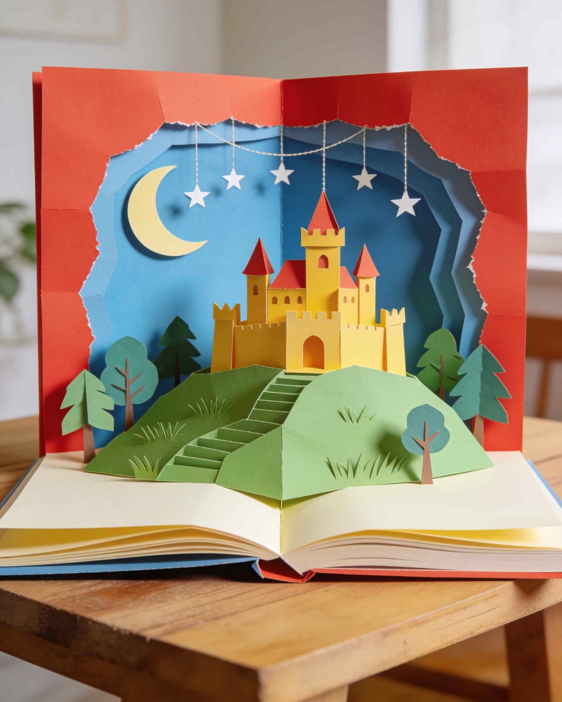 An open pop-up book with a yellow paper castle on a green hill, trees and a crescent moon with stars on strings