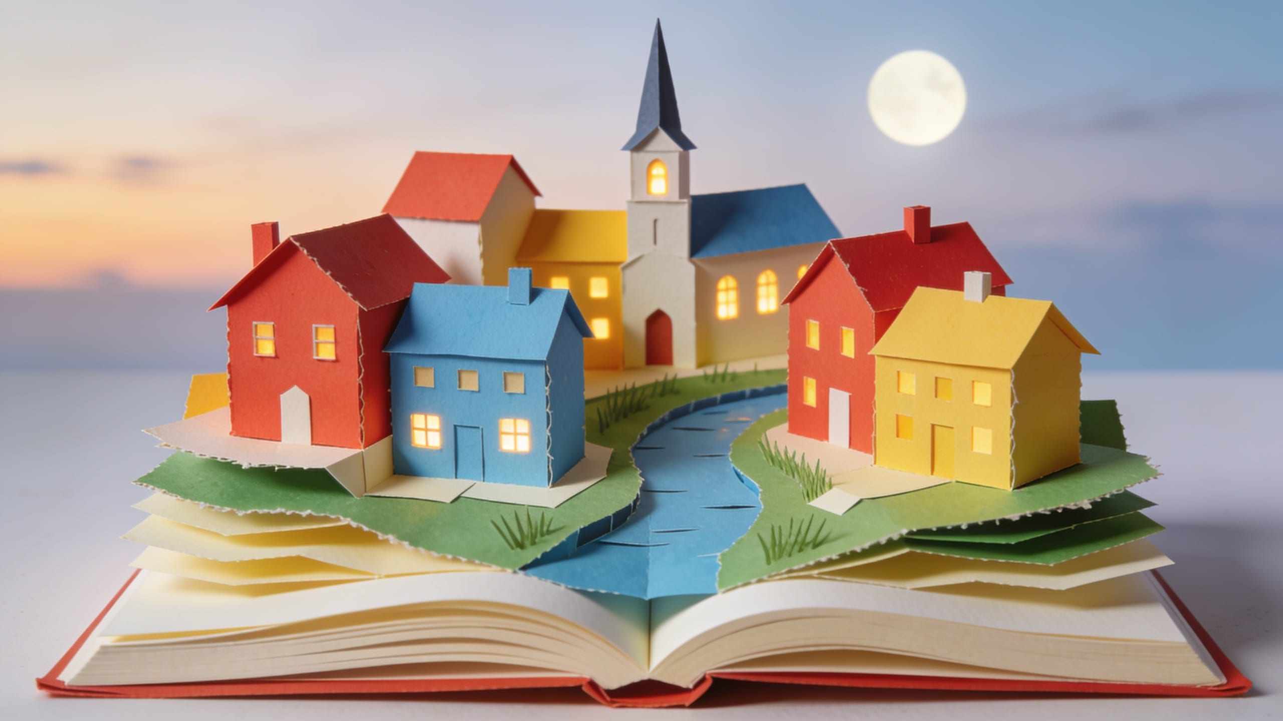 An open pop-up book with a paper town rising from its pages